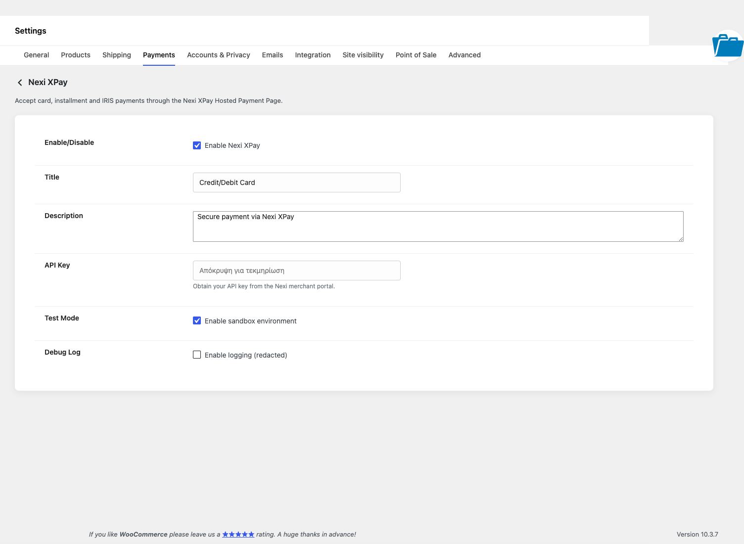 Πραγματικό staging capture με ενεργοποίηση, checkout title/description, Test Mode και redacted API Key. Δεν έγινε αποθήκευση ή provider call.