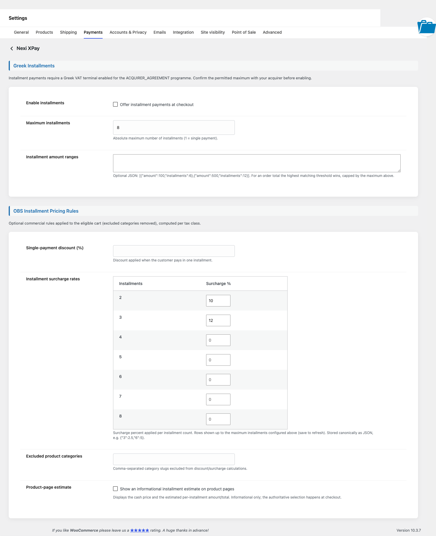 Πραγματικό staging capture των Greek Installments και OBS Installment Pricing Rules. Οι αριθμητικές τιμές είναι παραδείγματα του staging και όχι εμπορική σύσταση.