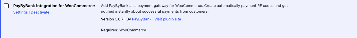 Πραγματικό capture: το SHA-bound PayByBank 3.0.7 ZIP εμφανίζεται ενεργό στη σελίδα Plugins.