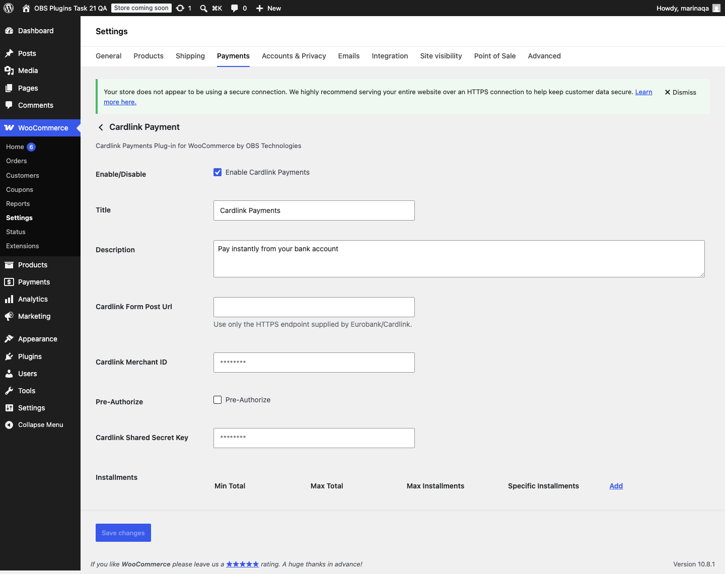 Πραγματική σελίδα WooCommerce gateway settings από το SHA-bound 2.0.0 ZIP. Δεν έγινε checkout/provider test.