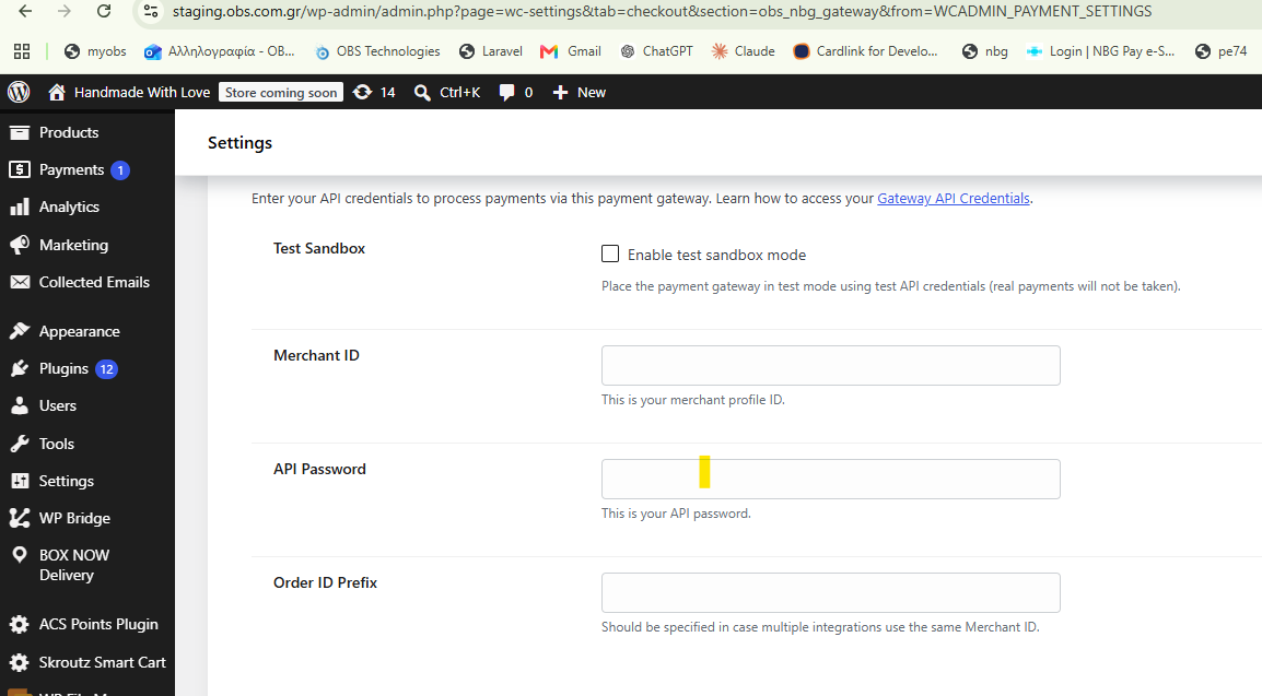 Πεδία Merchant ID, API Password και Order ID Prefix στο NBG Mastercard Gateway