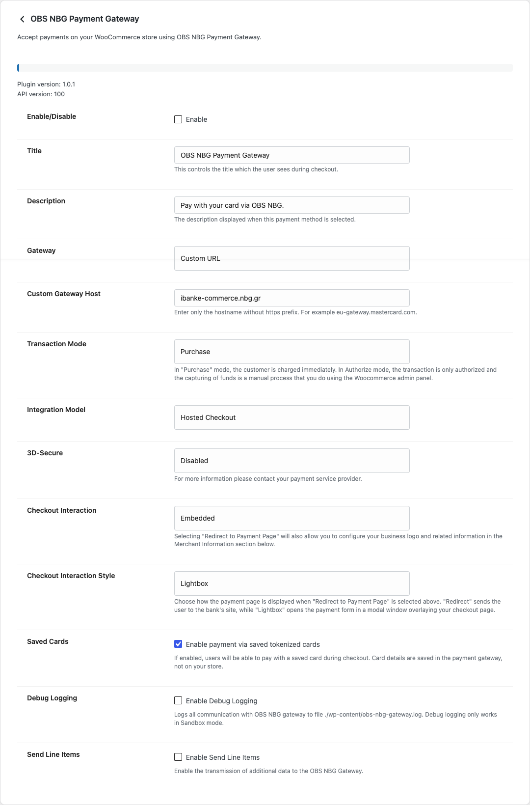Όλες οι γενικές ρυθμίσεις του NBG Mastercard Gateway στο WooCommerce