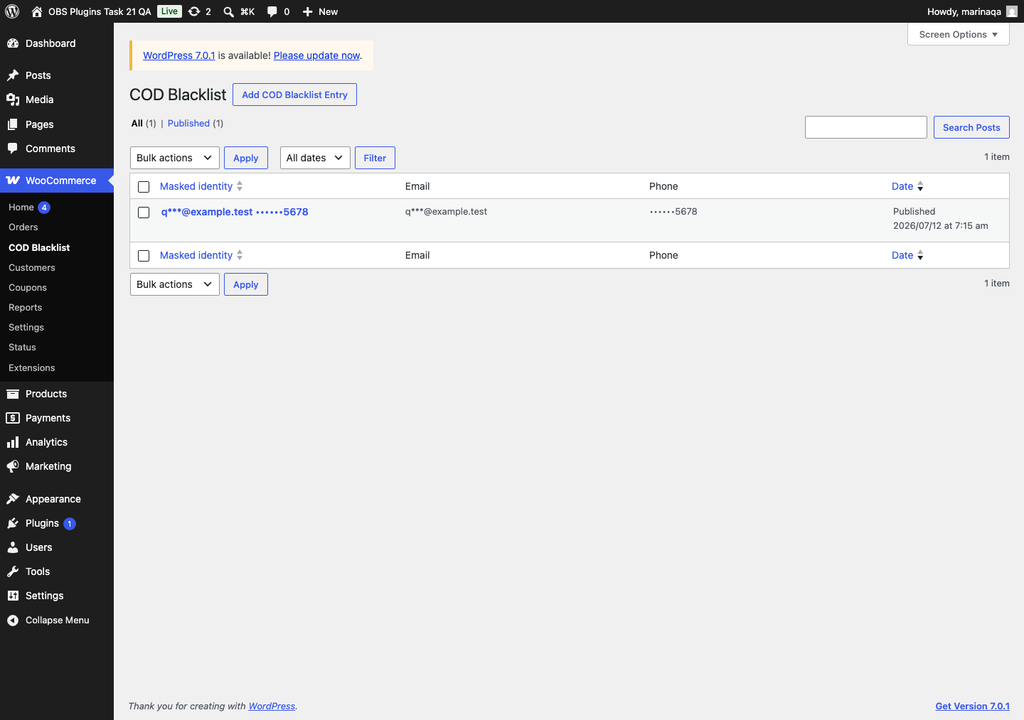 Η ιδιωτική WooCommerce λίστα εμφανίζει μόνο masked email/τηλέφωνο· τα raw identifiers δεν αποθηκεύονται.